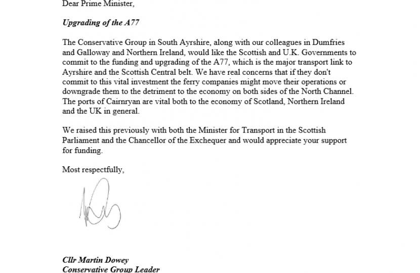 Letter from Martin Dowey to the Prime Minister on funding for the A77